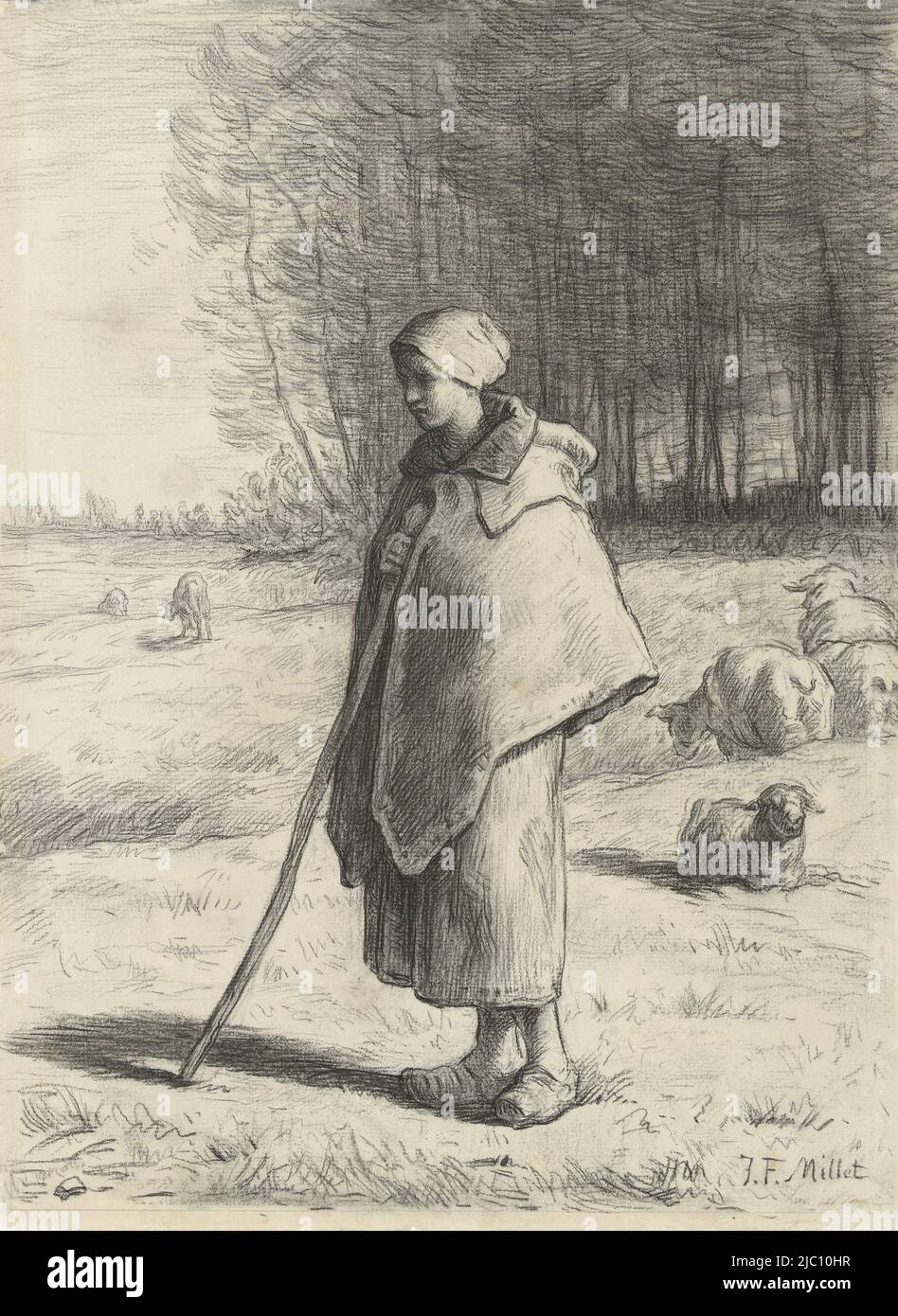 Hirtin, auf einem Stock angelehnt, Zeichner: Jean François Millet, 1860 - 1869, Papier, H 395 mm × B 293 mm Stockfoto