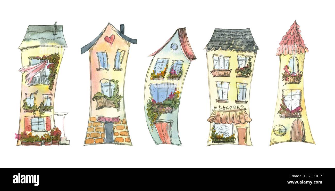 Eine Reihe von niedlichen europäischen Häusern. Aquarell-Illustration, isolierte Objekte aus einer großen Serie VON PARIS. Für Dekoration, Design, Komposition, Souvenirs Stockfoto
