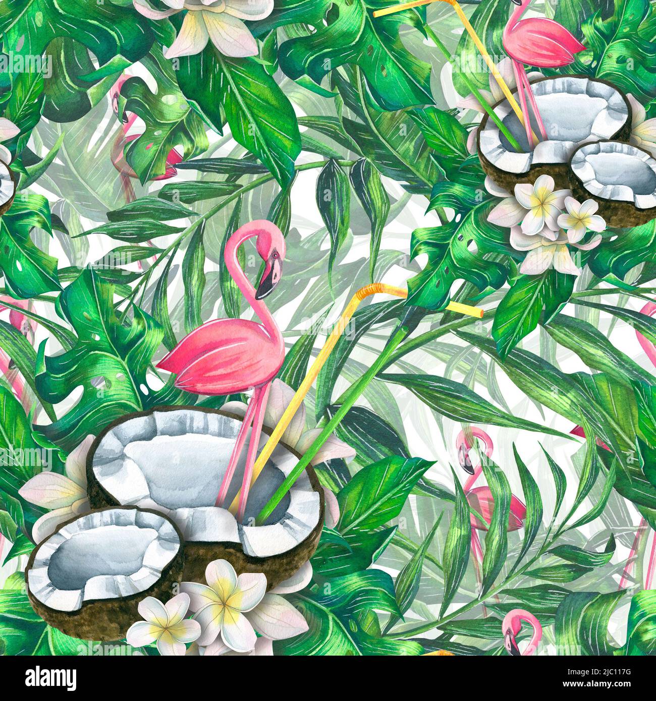 Tropische Blätter mit Kokosnusshälften, rosa Flamingos und Cocktailröhrchen. Helles, exotisches, nahtloses Muster. Aquarell. Zur Dekoration und Gestaltung von Stockfoto