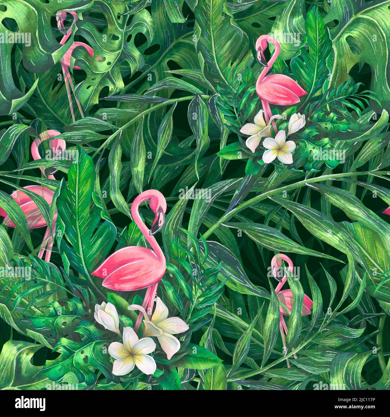 Aquarell-Illustration eines rosa Flamingos mit tropischen Blättern. Nahtloses Muster. Mit Blättern von Palmen und anderen exotischen Pflanzen. Für Abzüge Stockfoto