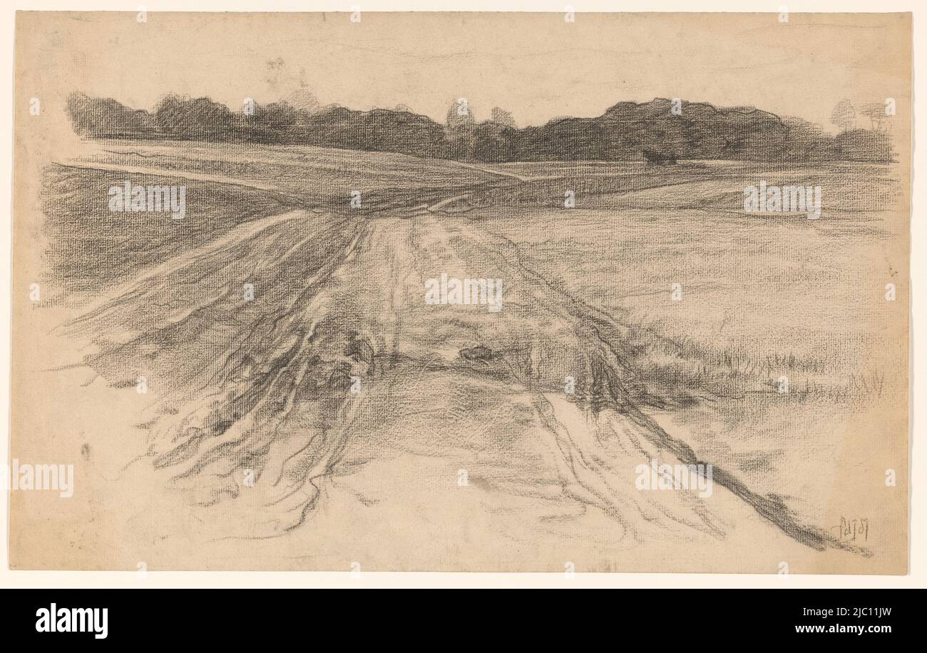 Landstraße durch das offene Feld, Zeichner: Pieter de Josselin de Jong, 1871 - 1906, Papier, H 288 mm × B 460 mm Stockfoto