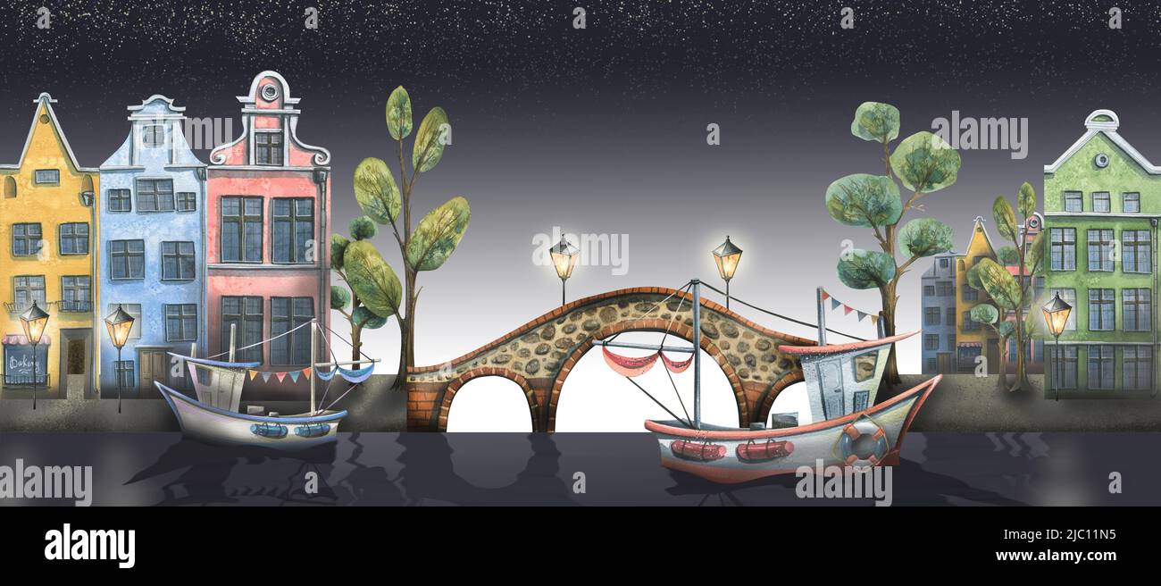 Aquarell-Illustration eines Panoramas einer alten europäischen Stadt bei Nacht. Mit Brücken, Laternen, Booten auf dem Fluss. Für Design, Dekoration von Stockfoto