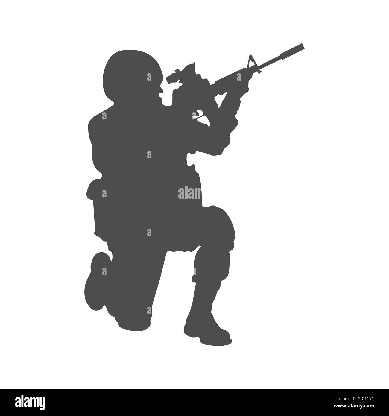Soldat. Streitkräfte. Silhouette eines Soldaten. Ein Soldat zielt durch die optische Sicht eines Gewehr Stock Vektor