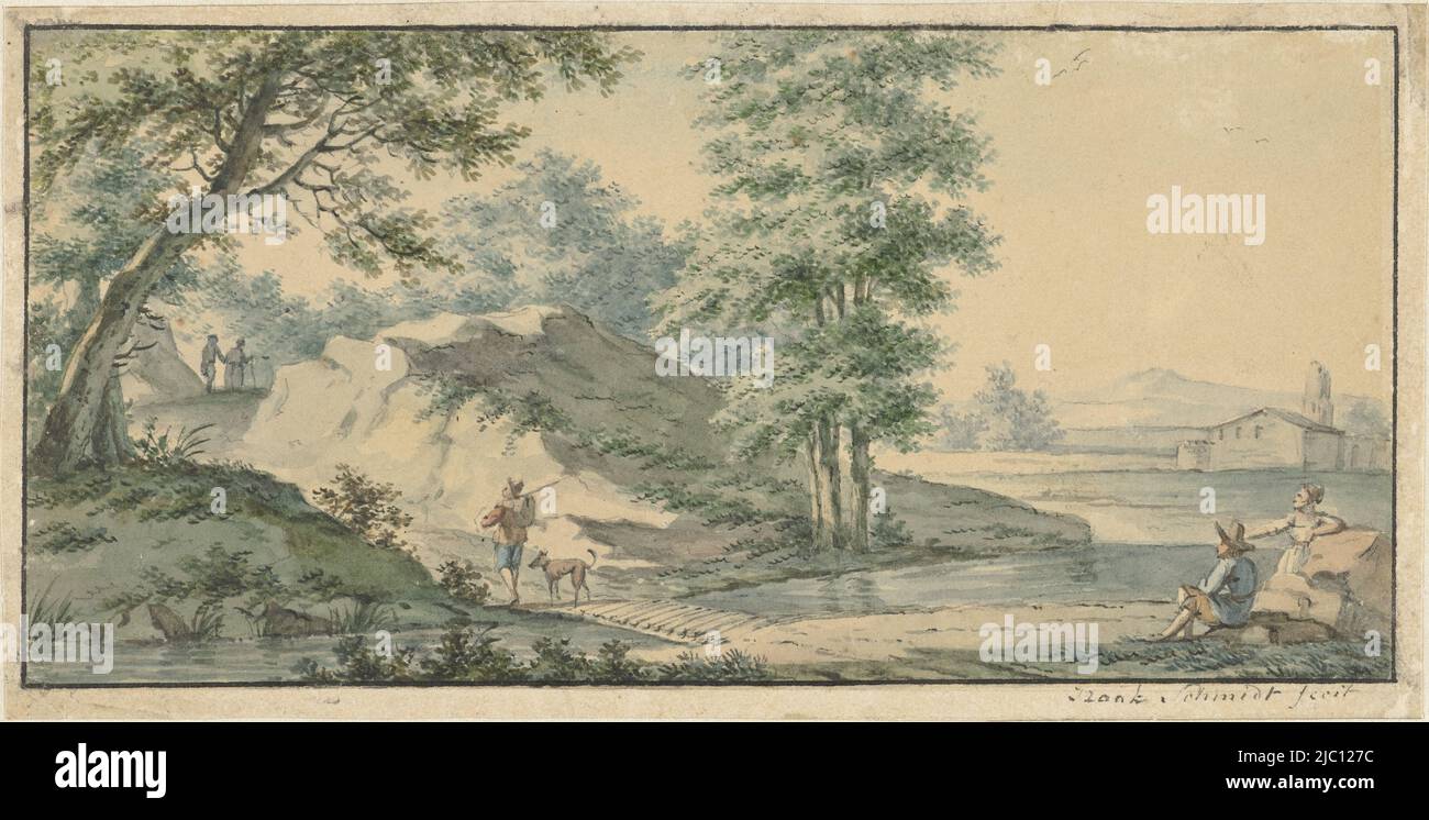 Landschaft mit Brücke, Zeichner: Izaak Schmidt, 1750 - 1818, Papier, Pinsel, H 91 mm × B 181 mm Stockfoto