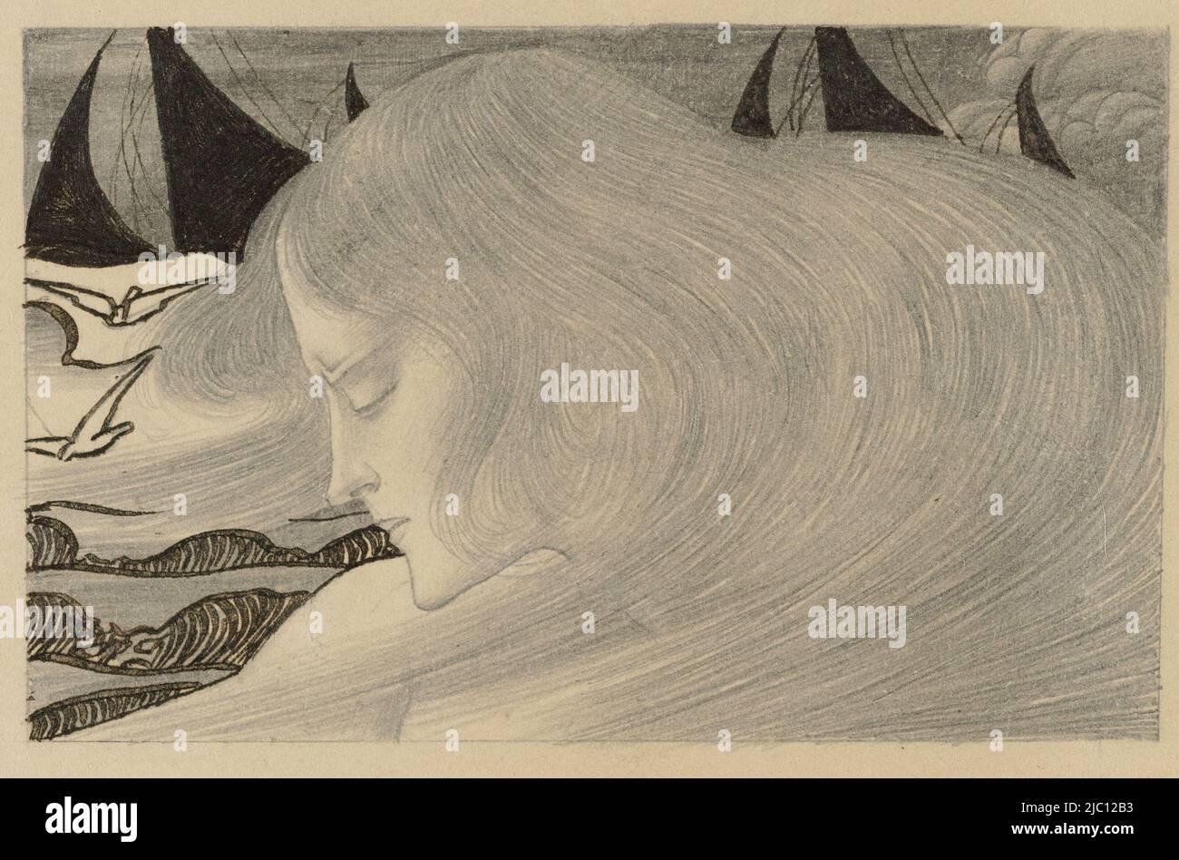 Junge Frau mit welligen Haaren vor einem Meer von Schiffen, Zeichner: Jan Toorop, 18-Apr-1900, Papier, Stift, H 91 mm × B 169 mm Stockfoto