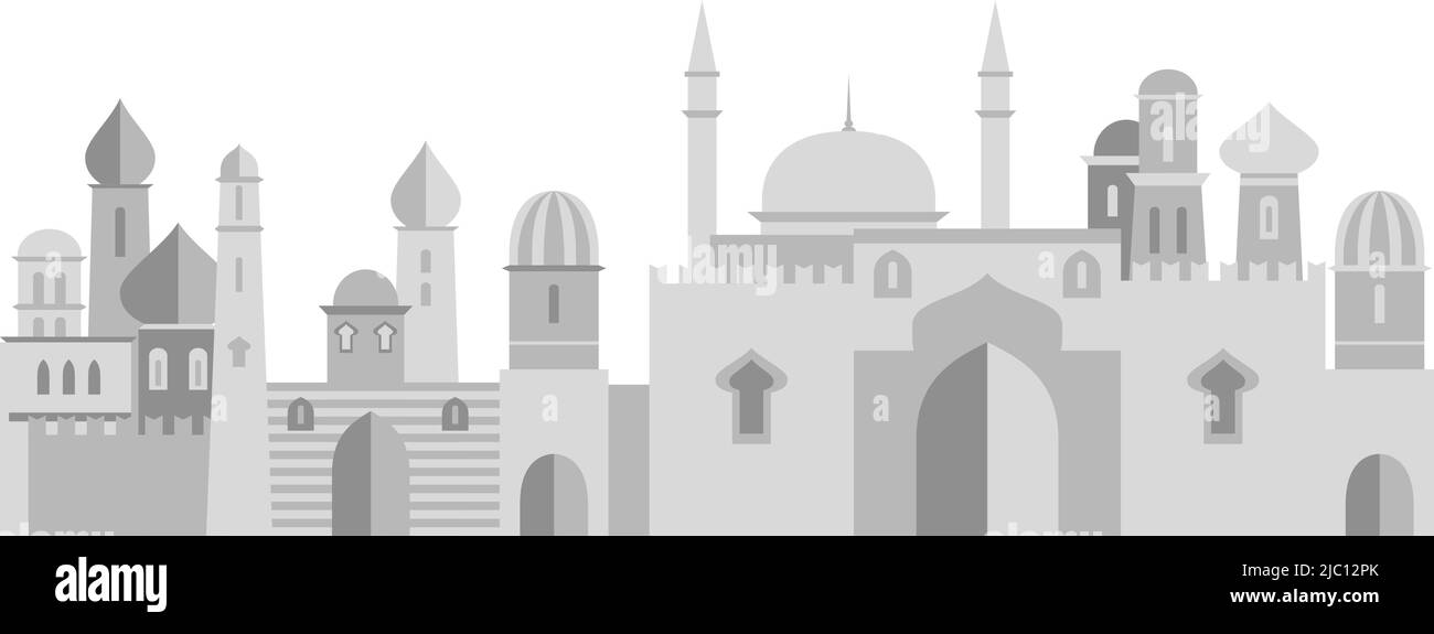 Stadtbild im Nahen Osten. Monochromes Panorama der östlichen Stadt Stock Vektor