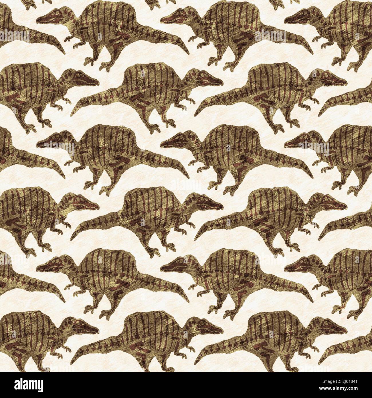 Braun handgezeichnete Spinosaurus fossile Knochen Dinosaurier nahtloses Muster. Geschlechtsspezifische neutrale jurassische Silhouette für die Babykrippe. Home Dekor für Museum Stockfoto