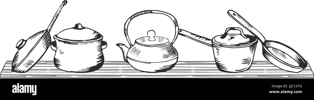 Küchengeschirr auf Holzregal. Schwarze Linienskizze Stock Vektor