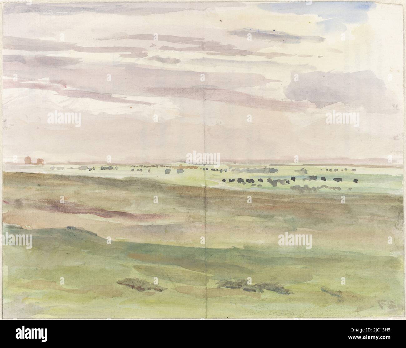 Wiesenlandschaft mit Herden, Zeichner: Frans Smissaert, 1872 - 1944, Papier, Pinsel, H 163 mm × B 209 mm Stockfoto