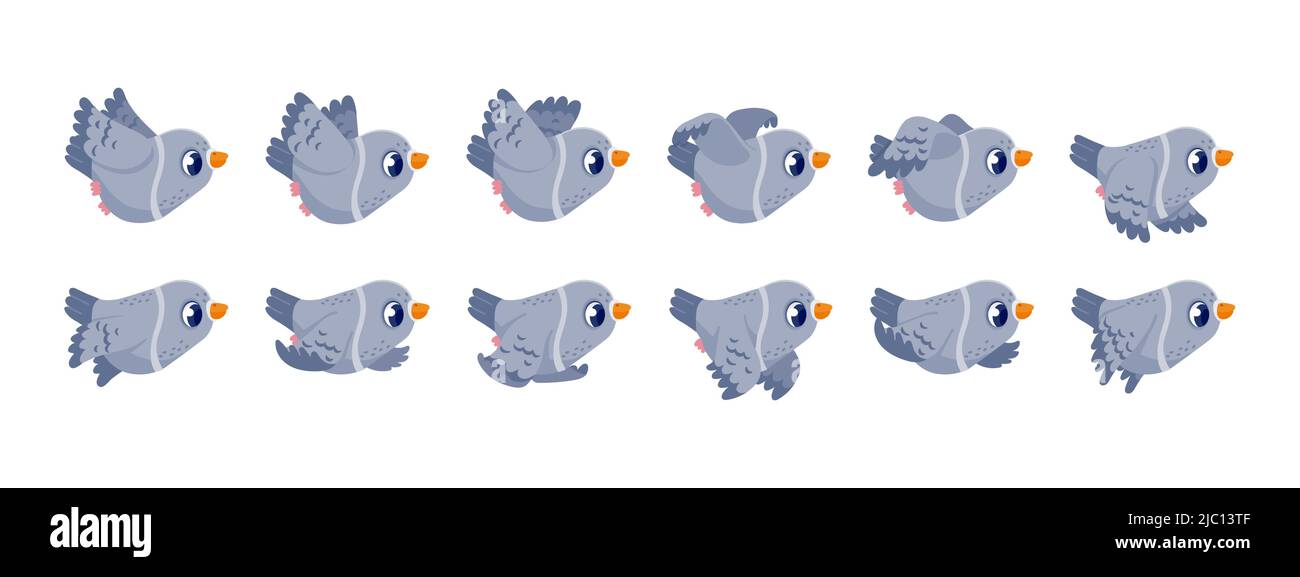 Taubenflug Animation. Spiel fliegen Frame Sequenz Sprite Asset mit Cartoon fliegenden Vogel Charakter winging in den Himmel. Vektor Taube Flugzyklus Stock Vektor