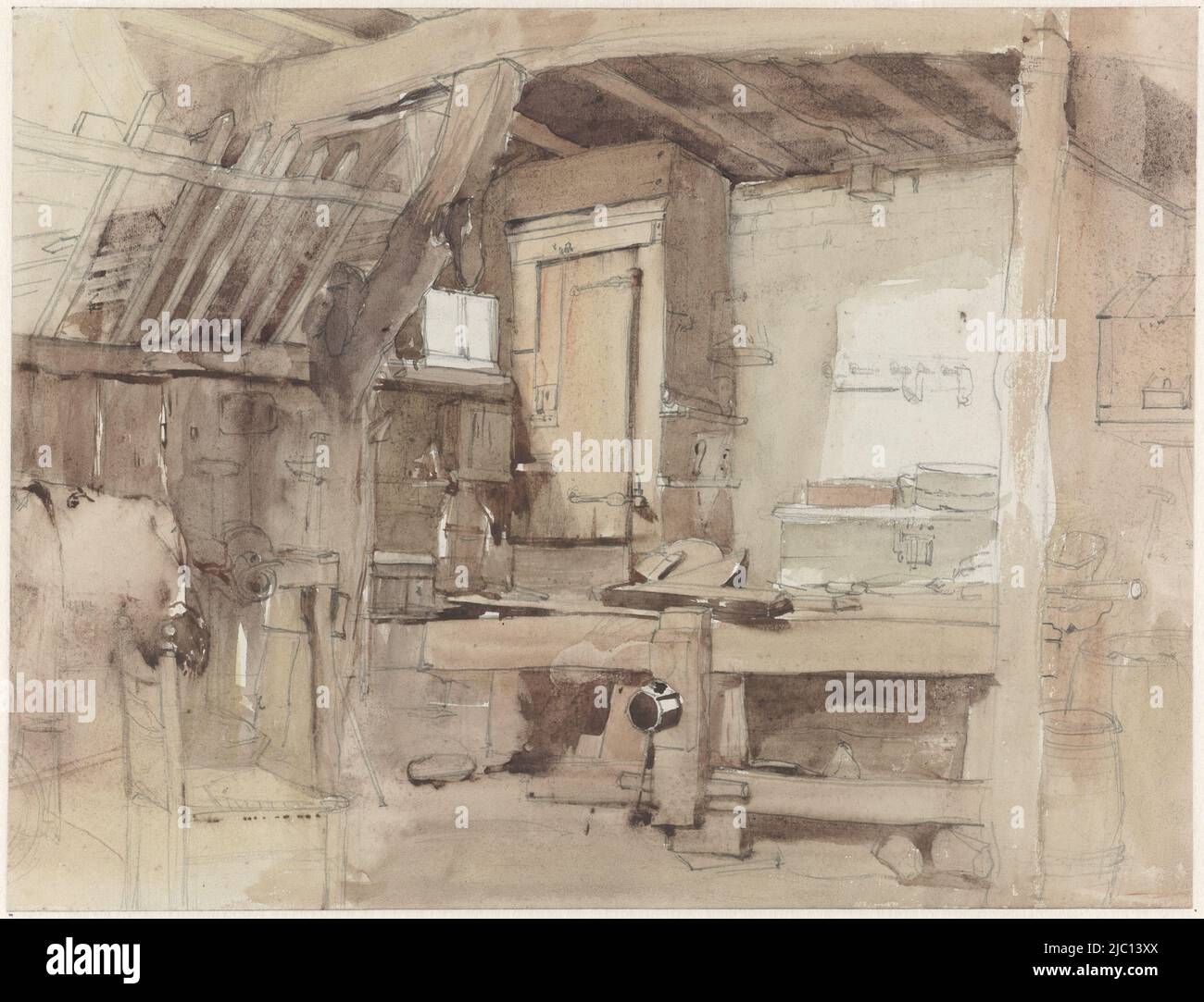 Ecke der Schreinerei im Klingelbeek-Haus in Oosterbeek, Zeichner: Petrus Franciscus Greive, 1821 - 1872, Papier, Pinsel, H 243 mm × B 319 mm Stockfoto