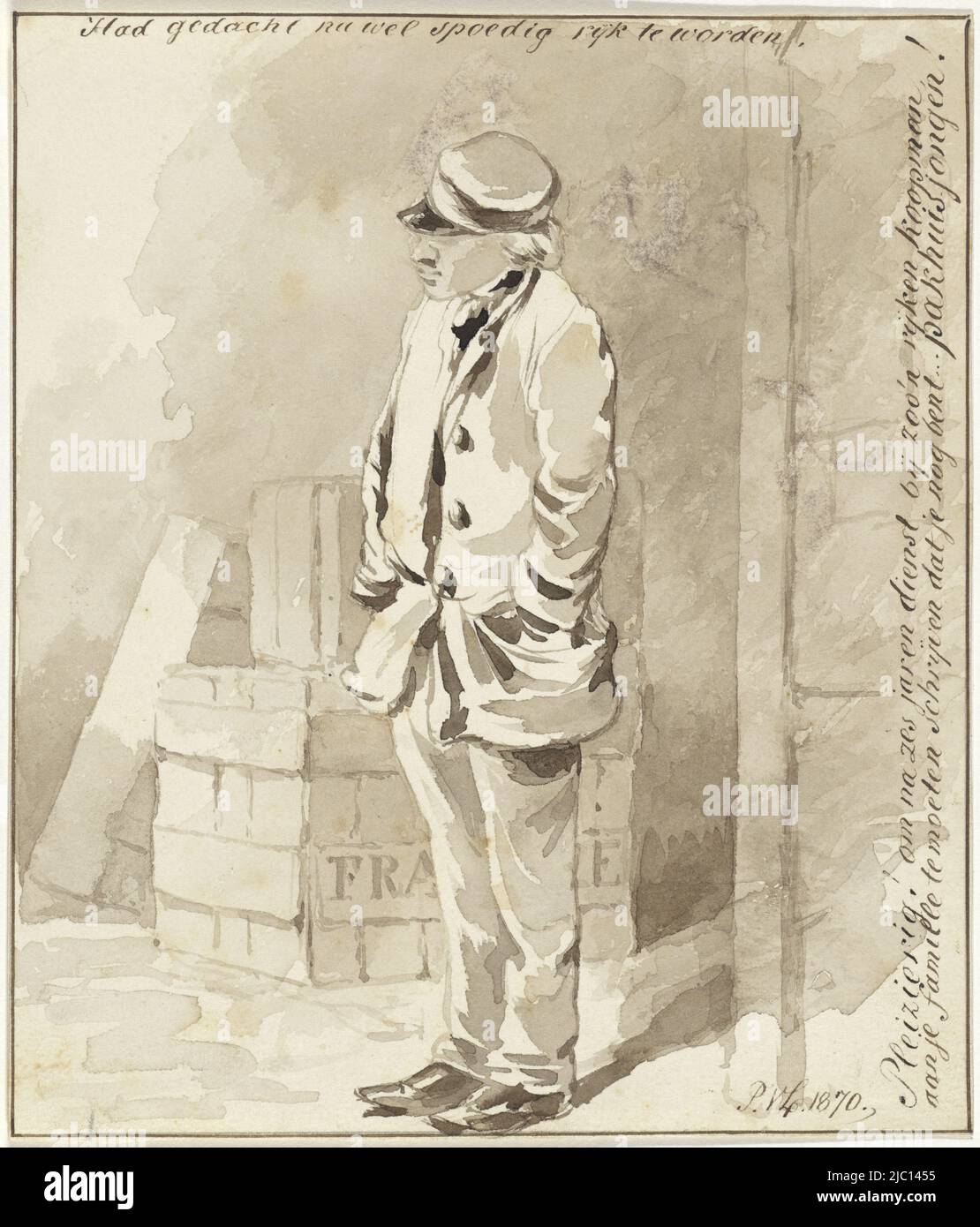 Stehender junger Mann dachte, er würde bald reich werden, Zeichner: Pieter van Loon, 1870, Papier, Pinsel, H 183 mm × B 158 mm Stockfoto