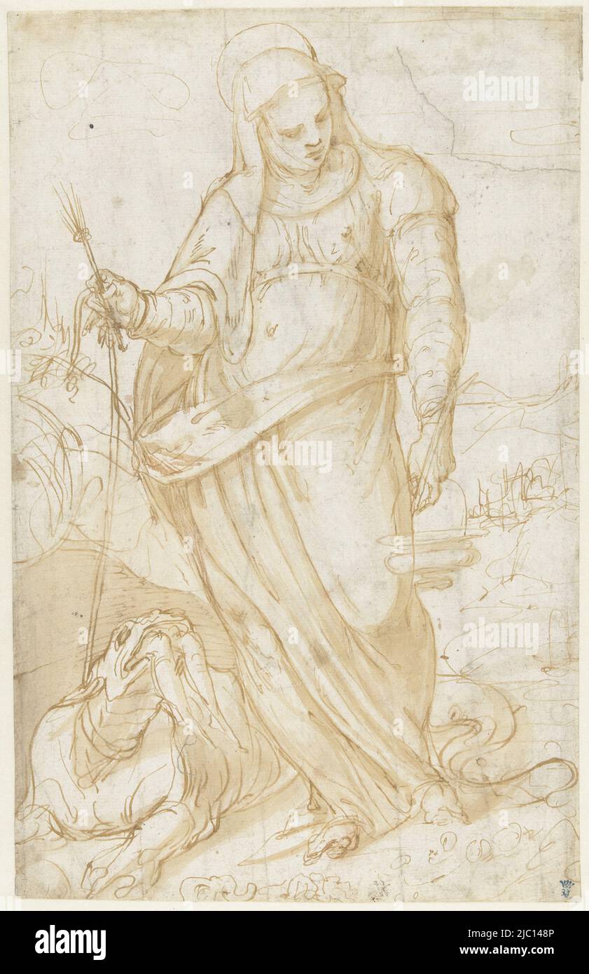 Die heilige Margarete mit dem Drachen in einer Landschaft, Zeichner: Giovanni Cambiaso, 1505 - 1579, Papier, Stift, Bürste, H 305 mm × B 194 mm Stockfoto