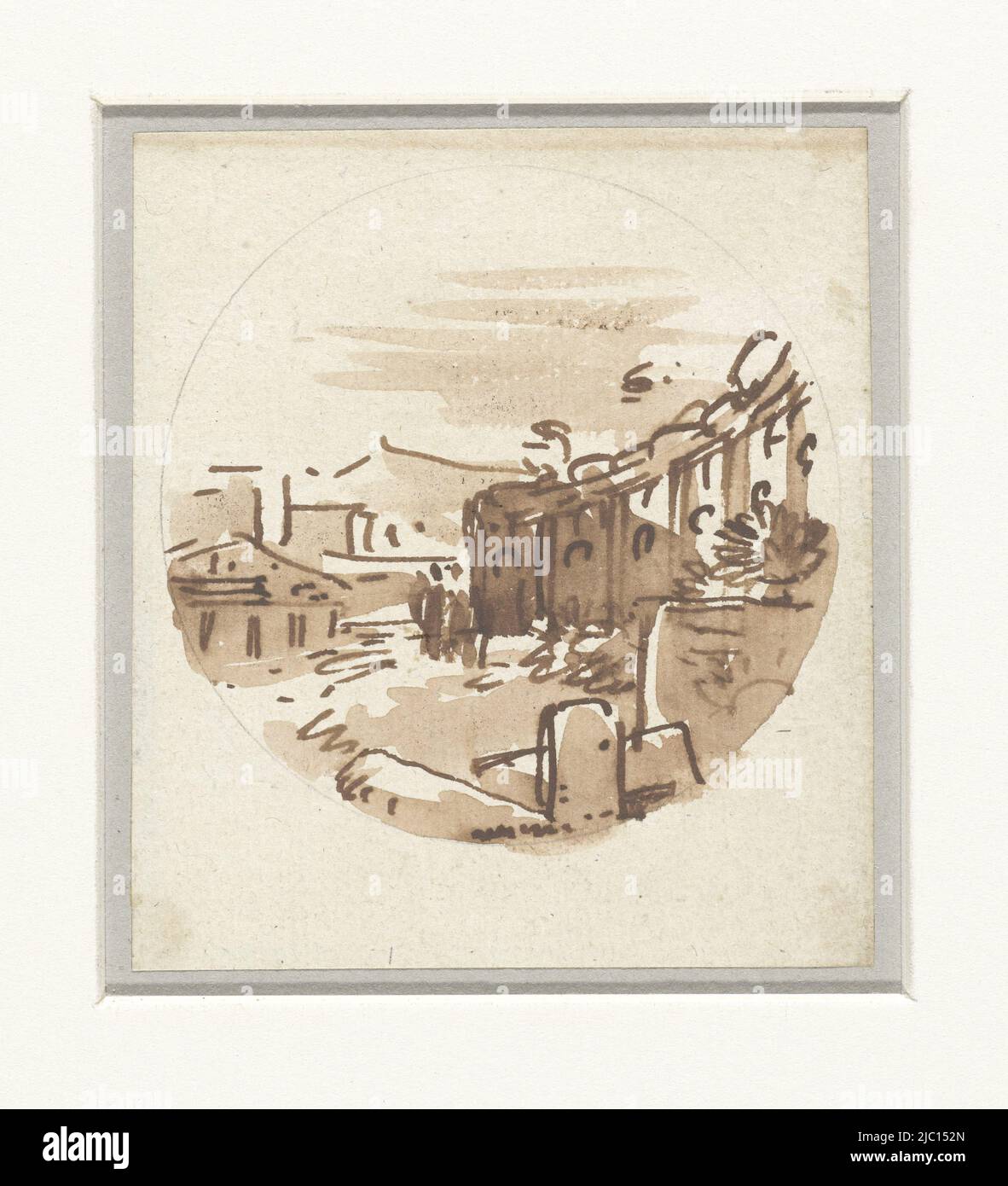 Flüchtige Skizze klassischer Gebäude, Tempel und Portikus in geschwungener Wand, Zeichner: Victor Jean Nicolle, 1787 - 1811, Papier, Stift, Pinsel, H 84 mm × B 75 mm Stockfoto