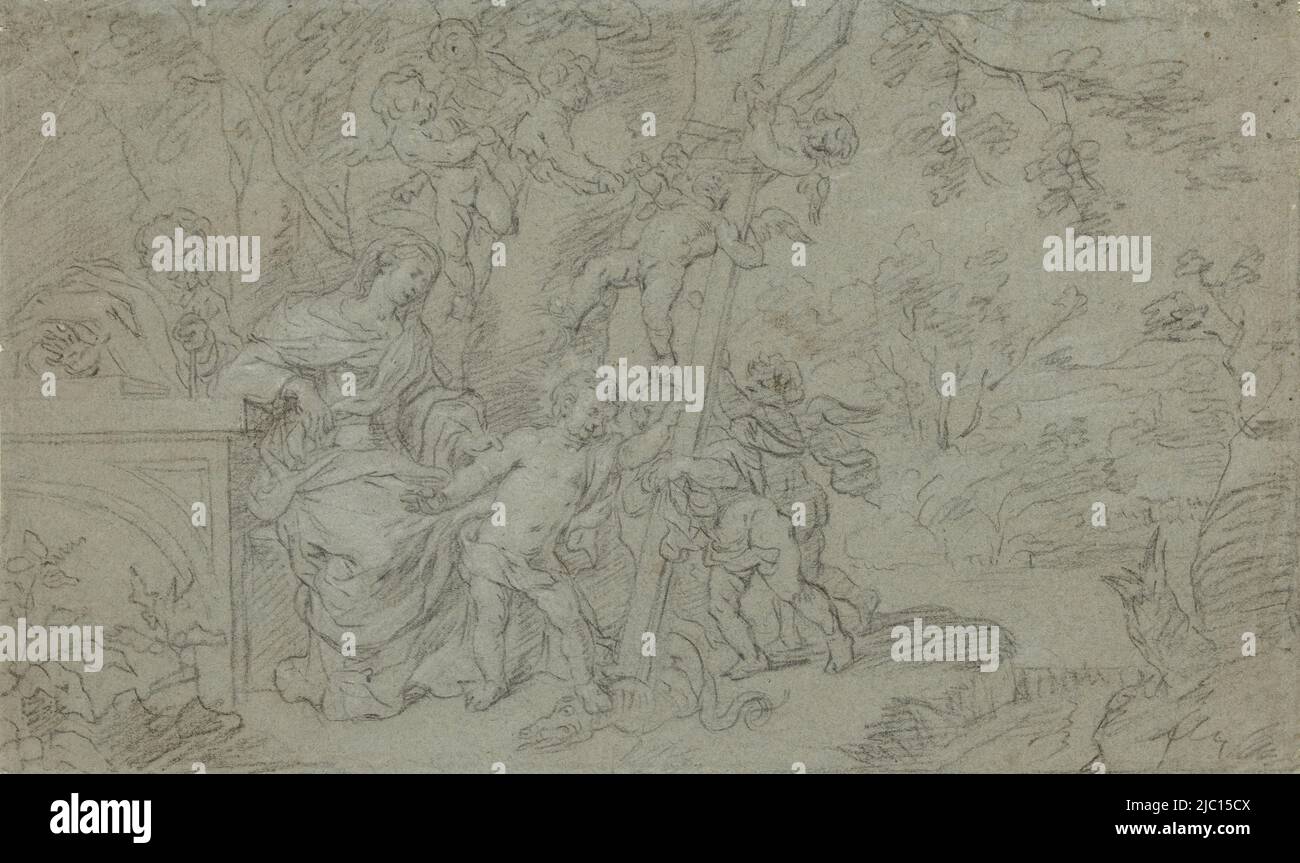 Heilige Familie in Landschaft mit Engeln, die das Kreuz tragen, Heilige Familie in Landschaft mit Engeln, Zeichner: Anthony van Dyck, (Nachfolger), 1600 - 1699, Papier, H 229 mm × B 383 mm Stockfoto