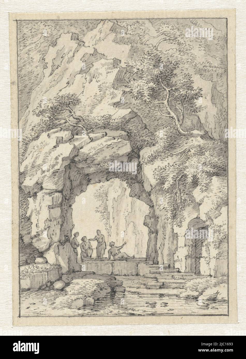 Kleine Landschaft mit Figuren unter einem Felsbogen, Zeichner: Johannes de Bosch, 1775, Papier, Stift, Pinsel, H 98 mm × B 70 mm Stockfoto