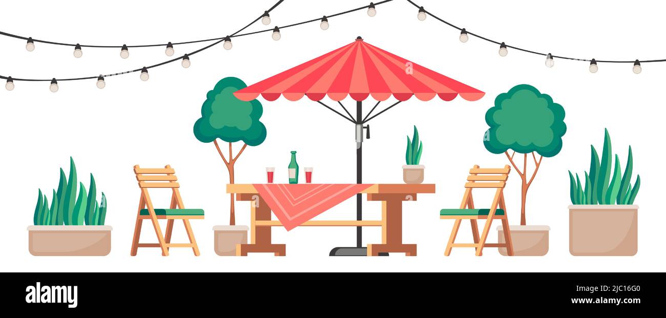 Restaurantterrasse. Sommer-Café-Terrasse mit Holztisch und Stühlen, gemütliche Lounge Cafeteria Szene mit Pflanzen und Girlande. Vektorgrafik Stock Vektor