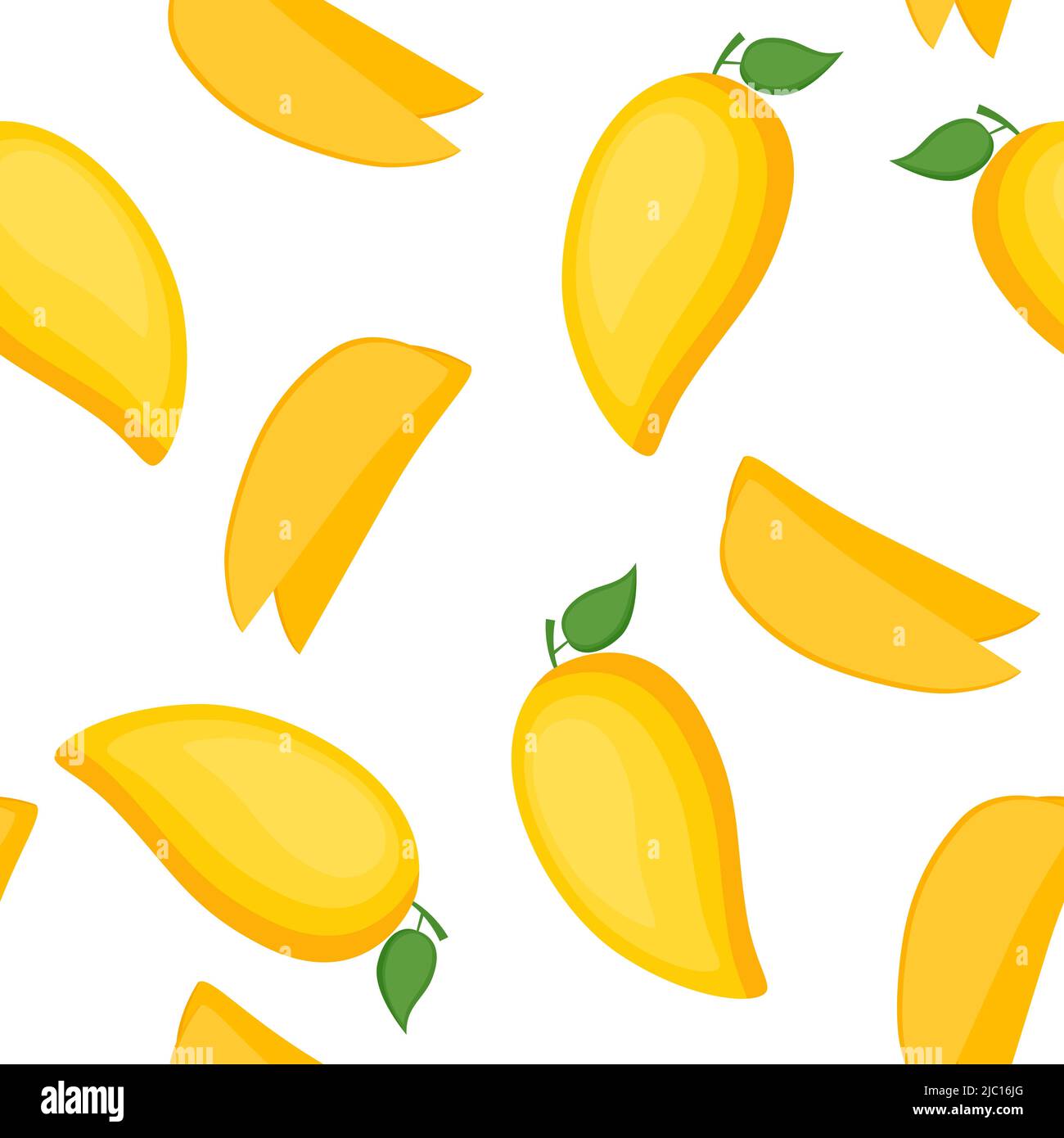 Nahtloses Muster mit Mango, ganzen Früchten und Scheiben, Vektorgrafik Stock Vektor