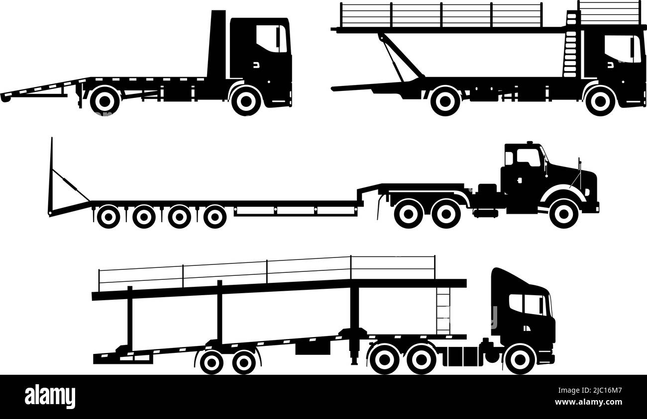 Silhouette Illustration von verschiedenen Auto-Transporter auf weißem Hintergrund in flachem Stil. Stock Vektor