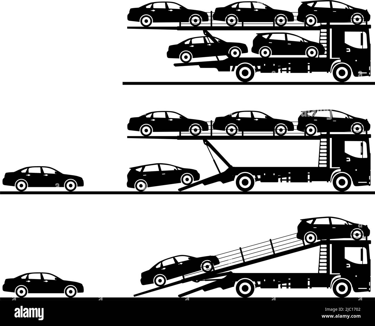 Silhouette Illustration von Auto-Transporter auf weißem Hintergrund in flachem Stil in verschiedenen Positionen. Vektorgrafik. Stock Vektor