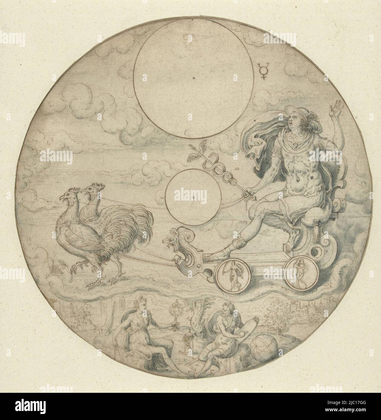 Design für ein Zifferblatt, Planet Mercury, Zeichner: Hans Collaert (I), 1558 - 1568, Papier, Stift, Pinsel, d 205 mm Stockfoto