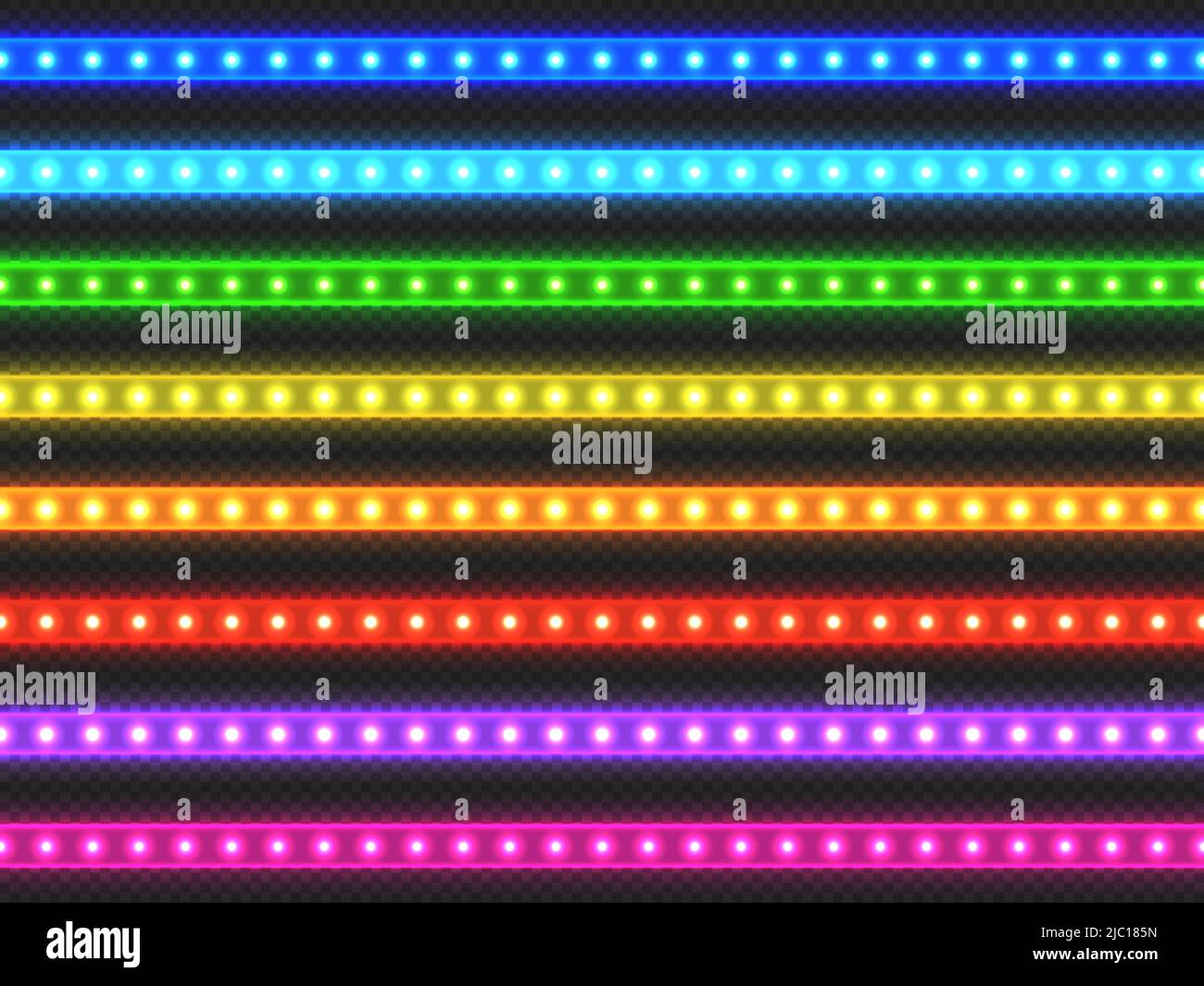 LED-Lichtstreifen. Realistisches buntes Band mit leuchtendem Effekt, grün rot blau gelb violett und violett beleuchtetes Streifen-Set. Vektor-Lichtdekoration Stock Vektor