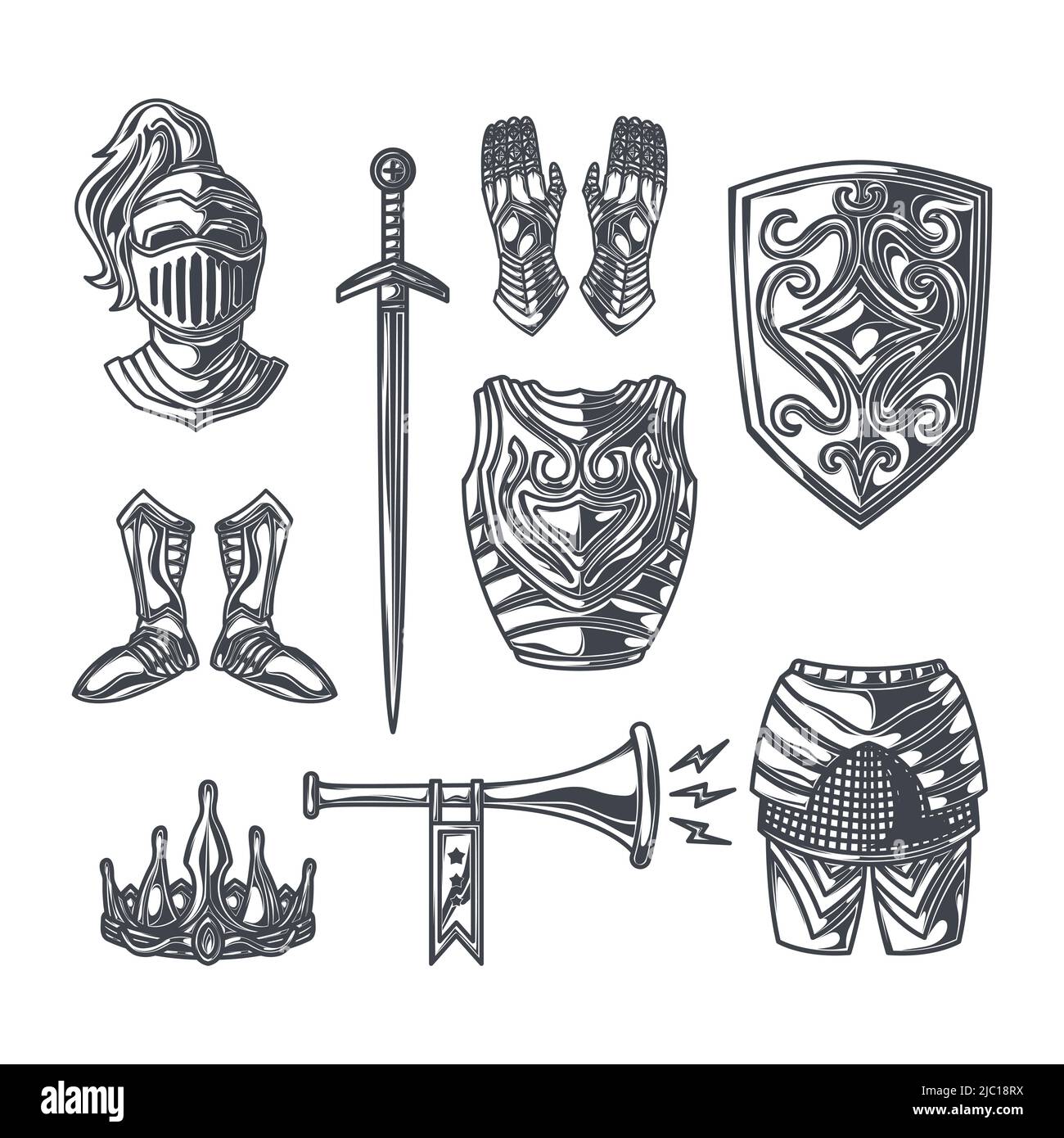 Mittelalterliches Königreich legendärer gepanzerter Ritter Krieger mit Lanze und Attribute Flache Symbole setzen abstrakte isolierte Vektordarstellung Stock Vektor