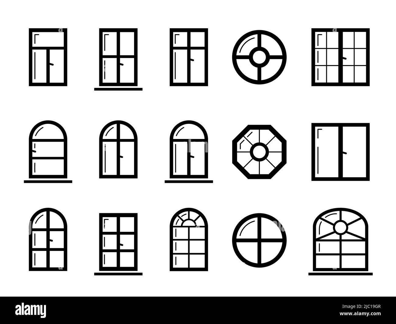 Windows-Symbol, Glyphen-Stil einstellen. Architekturelemente. Schwarze Symbole auf weißem Hintergrund isoliert. vektor-Symbol. Bogen und runde Fensterrahmen Stock Vektor