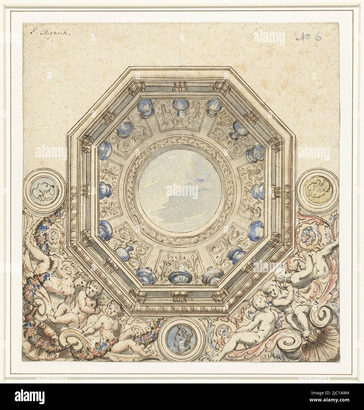 Entwurf für eine Decke mit Kuppel, Zeichner: Pierre Mignard (1612-1695), 1622 - 1695, Papier, Pinsel, Stift, H 203 mm × B 192 mm Stockfoto