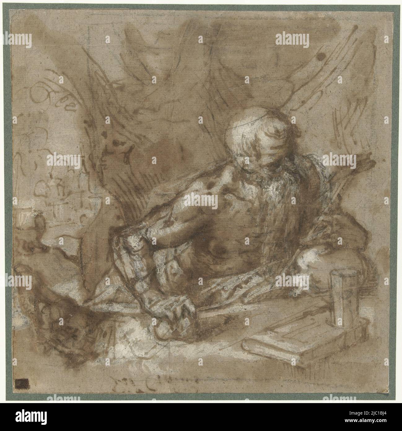 Heiliger Hieronymus mit Kruzifix, Zeichner: Titiaan, (Nachfolger), 1500 - 1620, Papier, Stift, Bürste, H 217 mm × B 213 mm Stockfoto