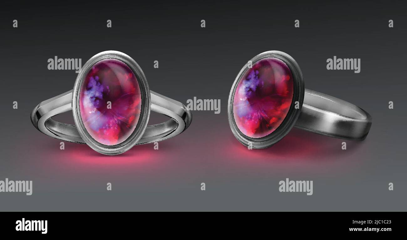 Vector silberner Ring mit hellem Feuer Opal isoliert auf grauem Hintergrund Stock Vektor