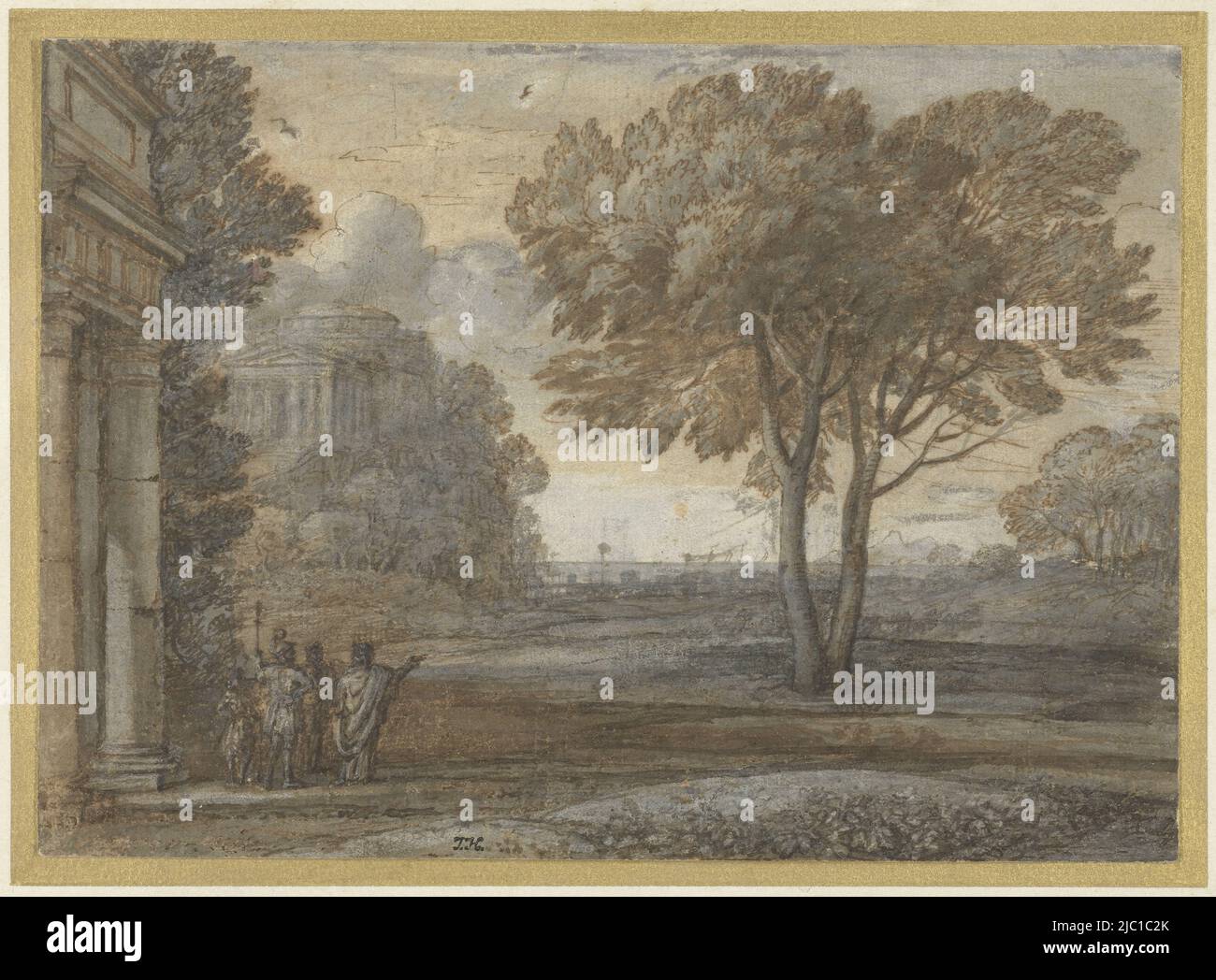 Arkadianische Landschaft mit links einem Tempel und im Vordergrund eine Gruppe von stehenden Figuren: Die Küste von Delos, mit Aeneas, Ascanius und Anchises, Anius, der König von Delos und Priester von Apollo, Aeneas auf Delos., Zeichner: Claude Lorrain, 1670 - 1672, Papier, Stift, Bürste, H 160 mm × B 220 mm Stockfoto