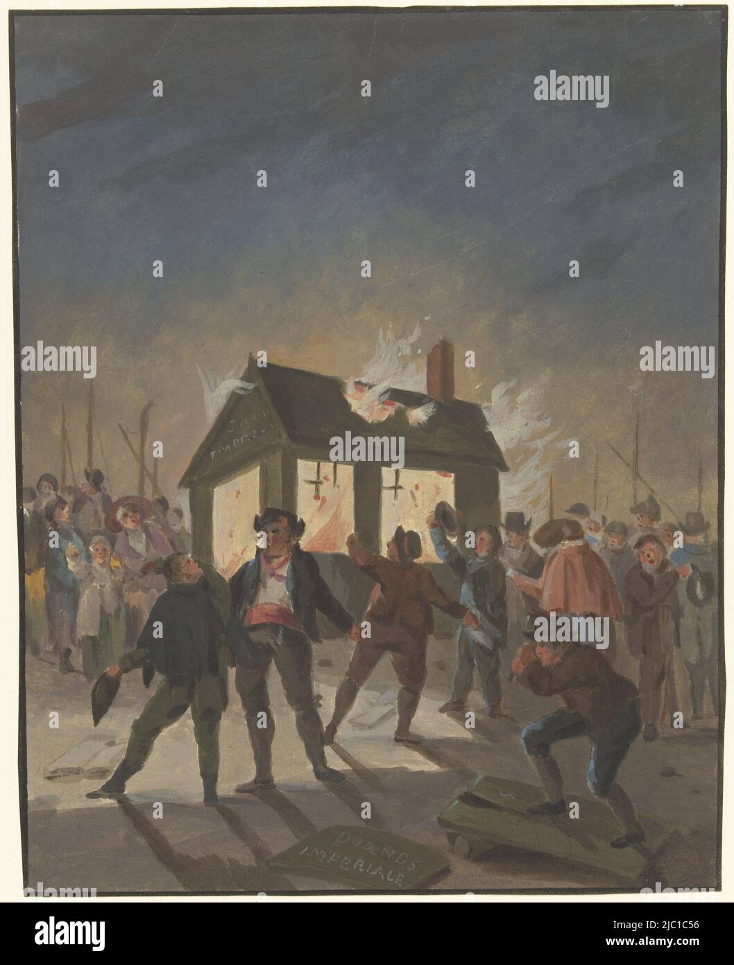 Die Verbrennung der Zollhäuser in Amsterdam am 15. November 1813, Zeichner: Anonym, Zeichner: Reinier Vinkeles (I), (abgelehnte Namensnennung), 15-Nov-1813, Papier, Pinsel, H 222 mm × B 184 mm Stockfoto