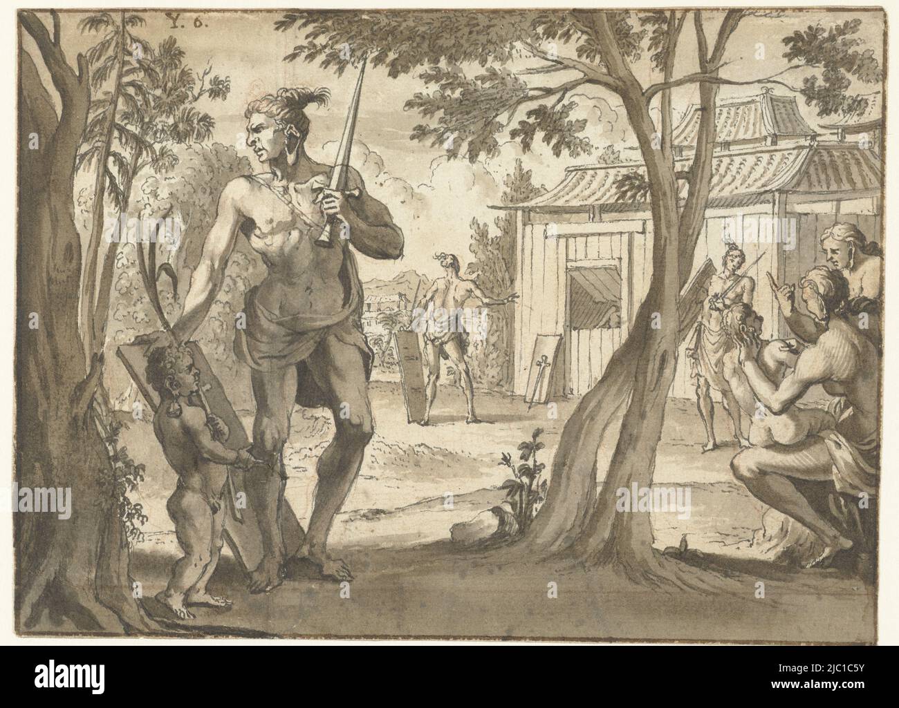 Links im Vordergrund ein Mann mit Lendenschurz, Schwert und Schild. Rechts im Vordergrund zwei Frauen mit einem Kind. Neben dem Mann ist ein Kind. Die Figuren haben auffallend gestreckte Ohrläppchen. Das stehende Kind scheint ein Gewicht zu haben, das am rechten Ohr hängt. Im Hintergrund ein Holzgebäude und einige andere Figuren. Design für eine Buchillustration, Menschen neben einem Holzgebäude Design für die (...) See- und Landreisen (Serientitel), Zeichner: Jan Goeree, 1704 - 1727, Papier, Stift, Bürste, H 130 mm × B 180 mm Stockfoto