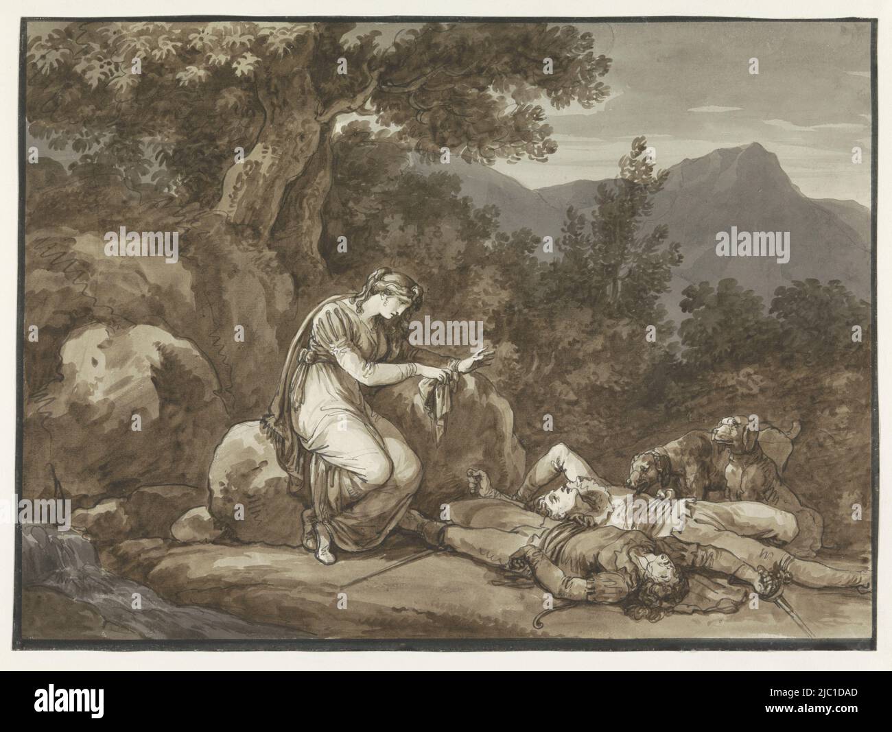 Colma beklagt den Tod von Salgar und ihrem Bruder, Zeichner: Bartolomeo Pinelli, 1809, Papier, Stift, Bürste, H 345 mm × B 468 mm Stockfoto