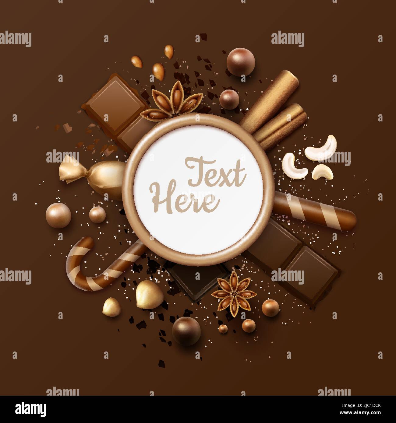 Vector chocolate flat lay frame with Ball Bonbons, cinnamon Sticks, Star anised, nuts, sweets in glossy Wrapper, Striped lollipops and place for Text o Stock Vektor
