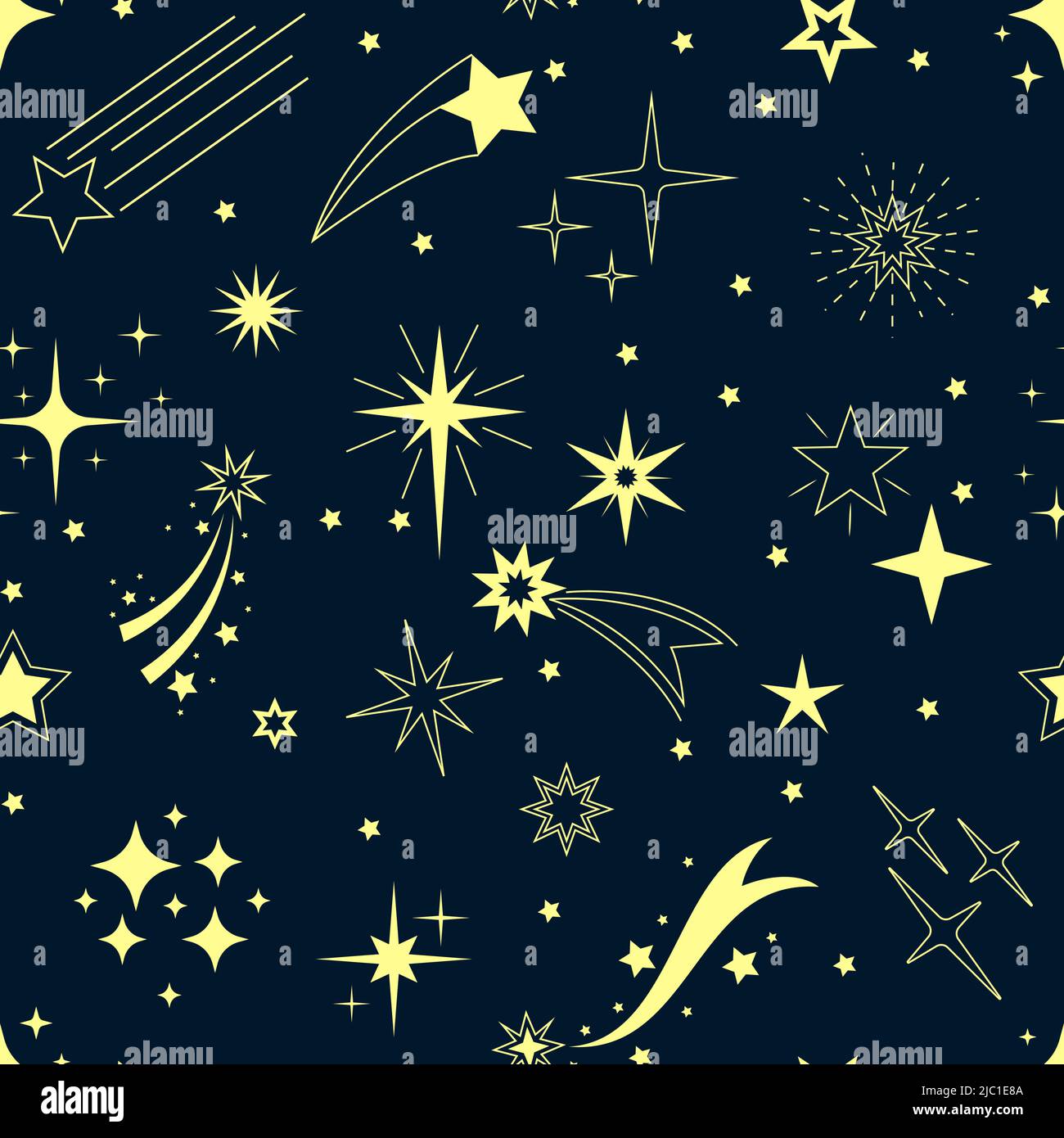 Sternennacht-Muster. Nahtloser Druck mit Sternschnuppe und fallendem Kometen, Nachthimmel mit kosmischer Landschaft. Vektorstruktur Stock Vektor