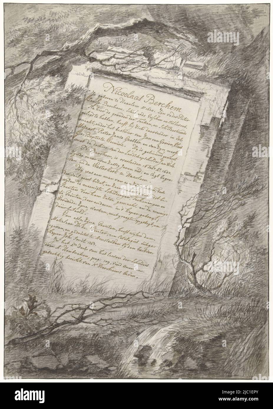 Mögliche Gestaltung eines Drucks, Frontispice für ein Kunstbuch mit Drucken von Nicolaes Berchem, Zeichner: Gerard van Nijmegen, 1794, Papier, Stift, Pinsel, H 525 mm × B 369 mm Stockfoto