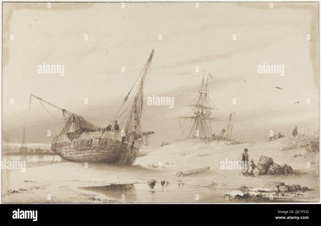 Schiffe am Strand, Zeichner: Petrus Paulus Schiedges (I), 1823 - 1876, Papier, Stift, Pinsel, H 150 mm × B 237 mm Stockfoto
