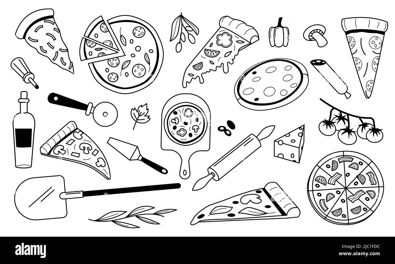 Doodle Pizza. Italienische Lebensmittel skizzieren Skizze, Pepperoni Pilze Käse Tomaten Olivenöl und Pizzateig Zutaten Sammlung. Vector Restaurant-Menü Stock Vektor