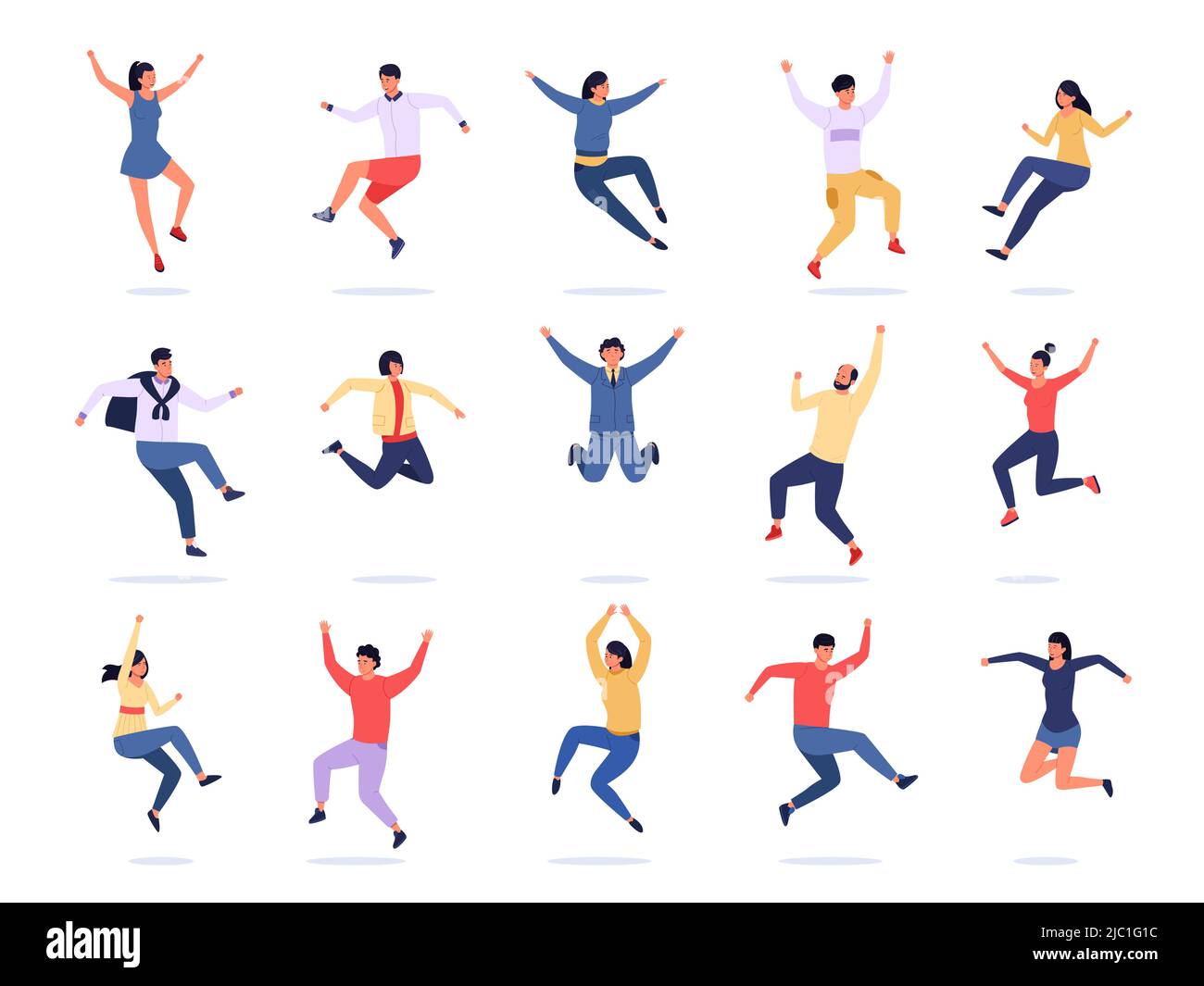 Springende Menschen. Fröhliche junge Charaktere bringen Emotionen zum Ausdruck, Teenager-Gruppe in farbenfrohen trendigen Kleidern. Vektor freudig fliegende Personen in Bewegung, männlich und Stock Vektor