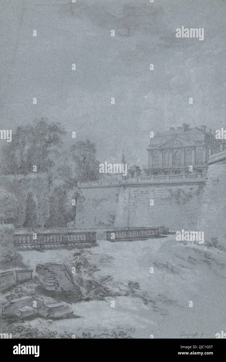Blick auf den Park und einen Flügel des Schlosses Saint-Cloud, Zeichner: Louis Rolland Trinquesse, 1787, Papier, H 444 mm × B 295 mm Stockfoto