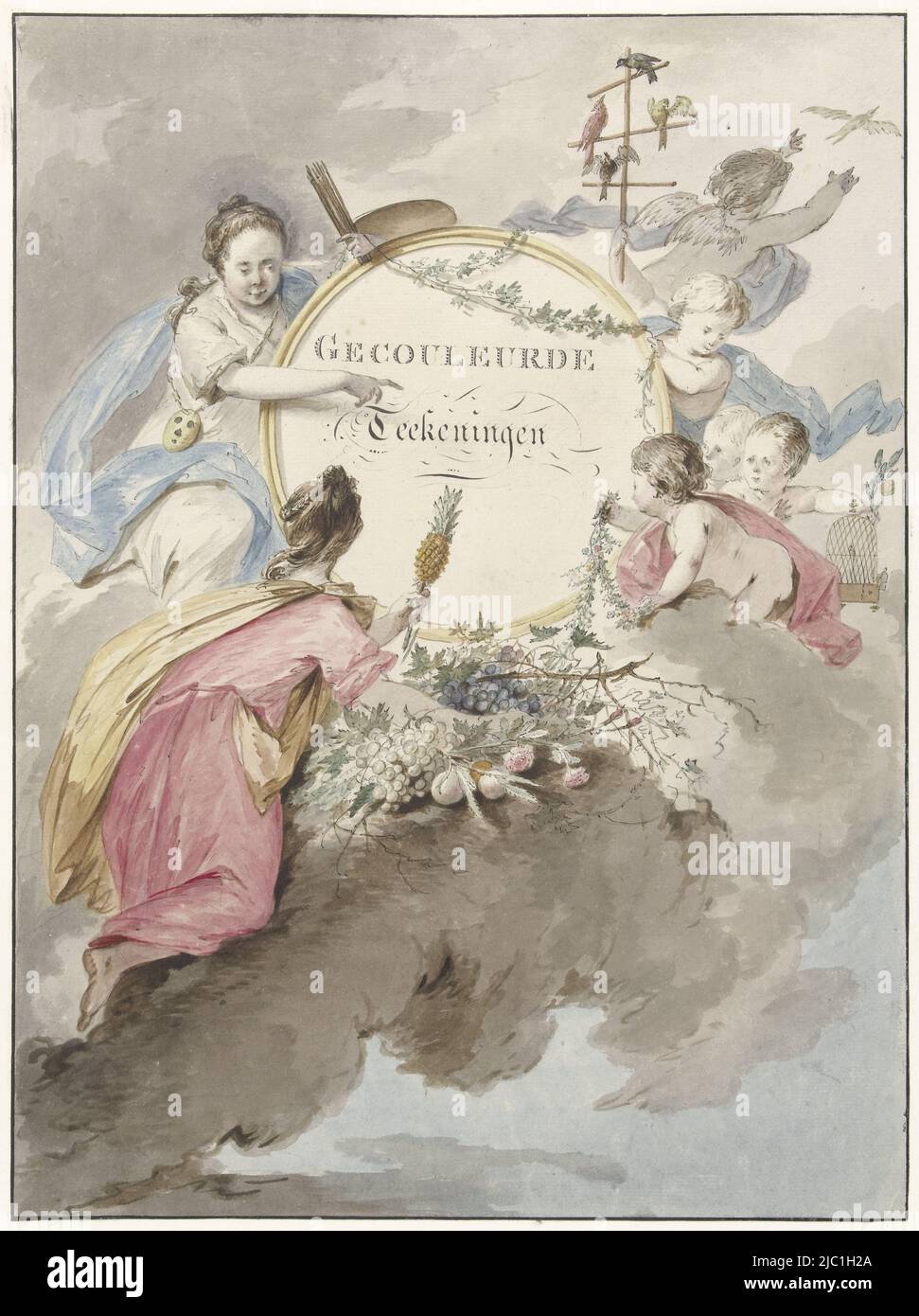 Runde Kartusche mit Titel, umgeben von Frauenfiguren und Putten, Titelseite für Kunstbuch mit farbigen Zeichnungen, Zeichner: Gerard van Nijmegen, 1745 - 1808, Papier, Stift, Pinsel, H 387 mm × B 288 mm Stockfoto