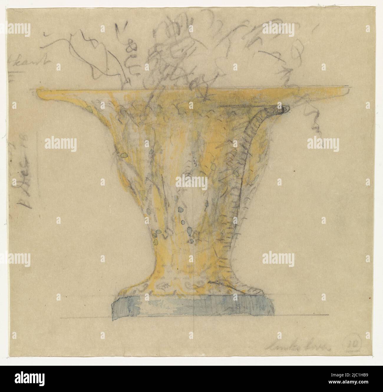 Entwurf für einen Steingut-Blumentopf, Entwurf für einen gelben Blumentopf, Zeichner: Theo Colenbrander, 1851 - 1930, Pauspapier, Pinsel, H 136 mm × B 143 mm Stockfoto