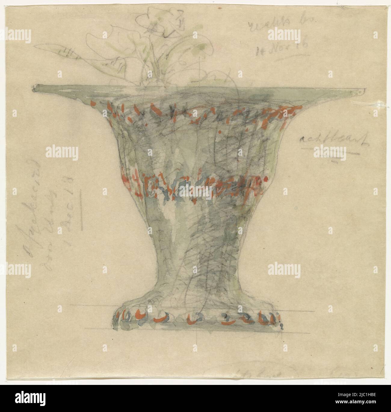 Entwurf für einen Steingut-Blumentopf, Entwurf für einen grünen Blumentopf, Zeichner: Theo Colenbrander, 14-Nov-1916, Pauspapier, Pinsel, H 139 mm × B 140 mm Stockfoto