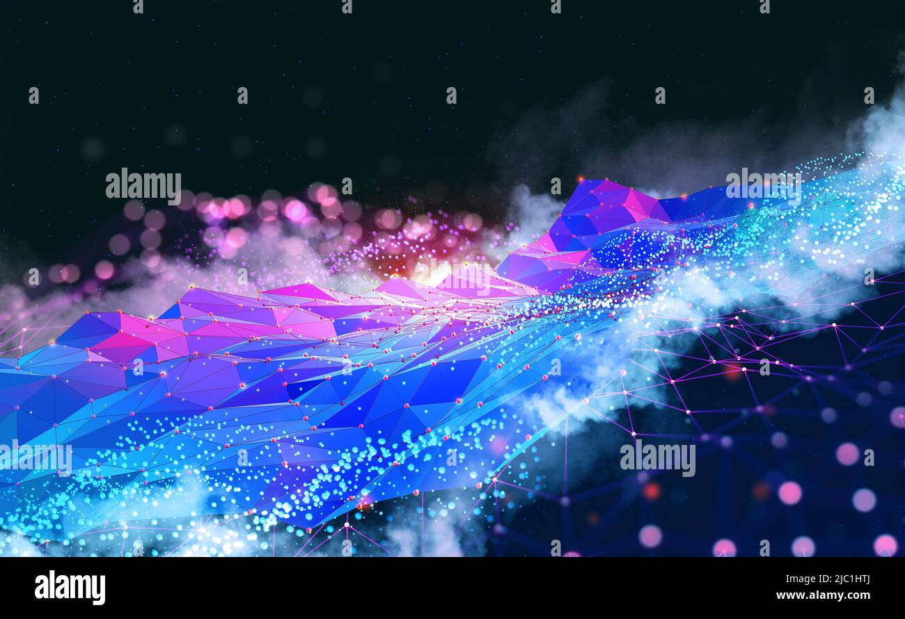 Abstraktes neuronales Netz 3D Illustration. Big-Data-Konzept. Globale Datenbank und künstliche Intelligenz. Heller, farbenfroher Hintergrund mit Bokeh-Effekt Stockfoto