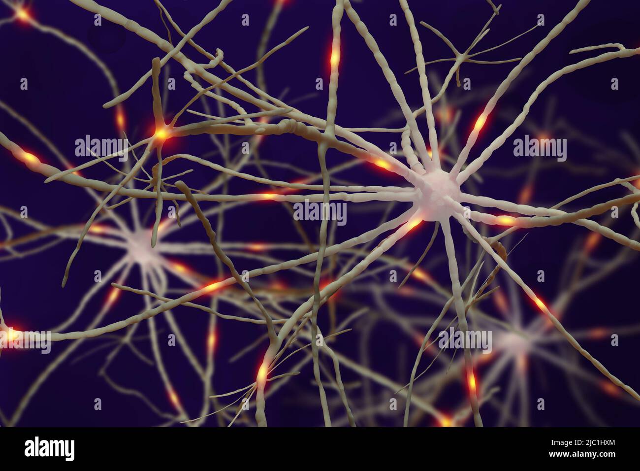 Neuronen 3D Abbildung. Elektrische Impulse in den neuronalen Netzen des menschlichen Gehirns Stockfoto