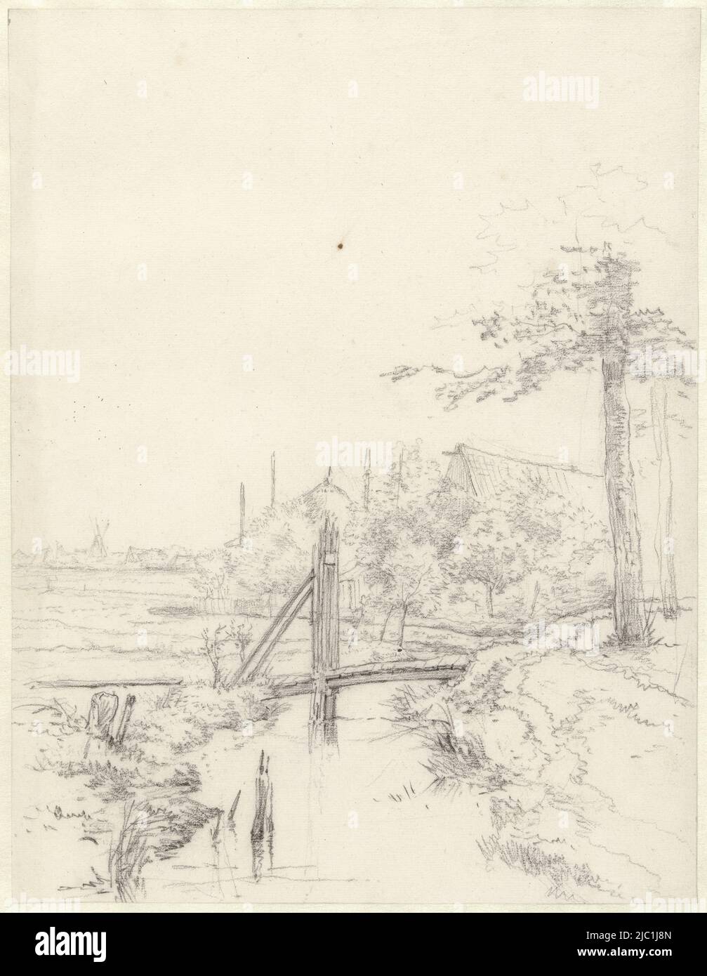 Brücke über einen Graben bei einem Bauernhof, Zeichner: Abraham Johannes Ruytenschildt, c. 1788 - c. 1841, Papier, H 333 mm × B 255 mm Stockfoto