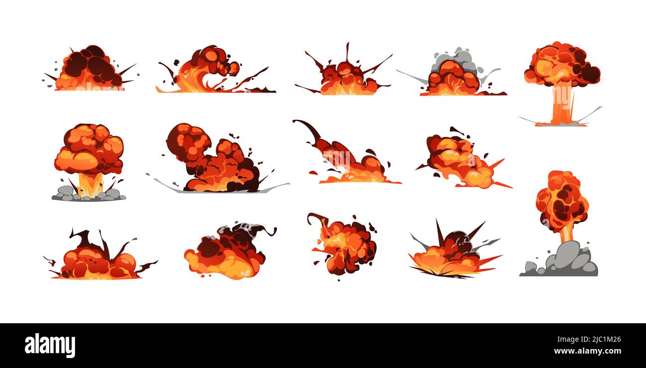 Komischer Explosionseffekt. Cartoon Bombe Explosion und Dynamit Knall Grafik mit Feuer und Rauch, Spiel Energie Burst Animation Asset. Vektor-isolierter Satz Stock Vektor