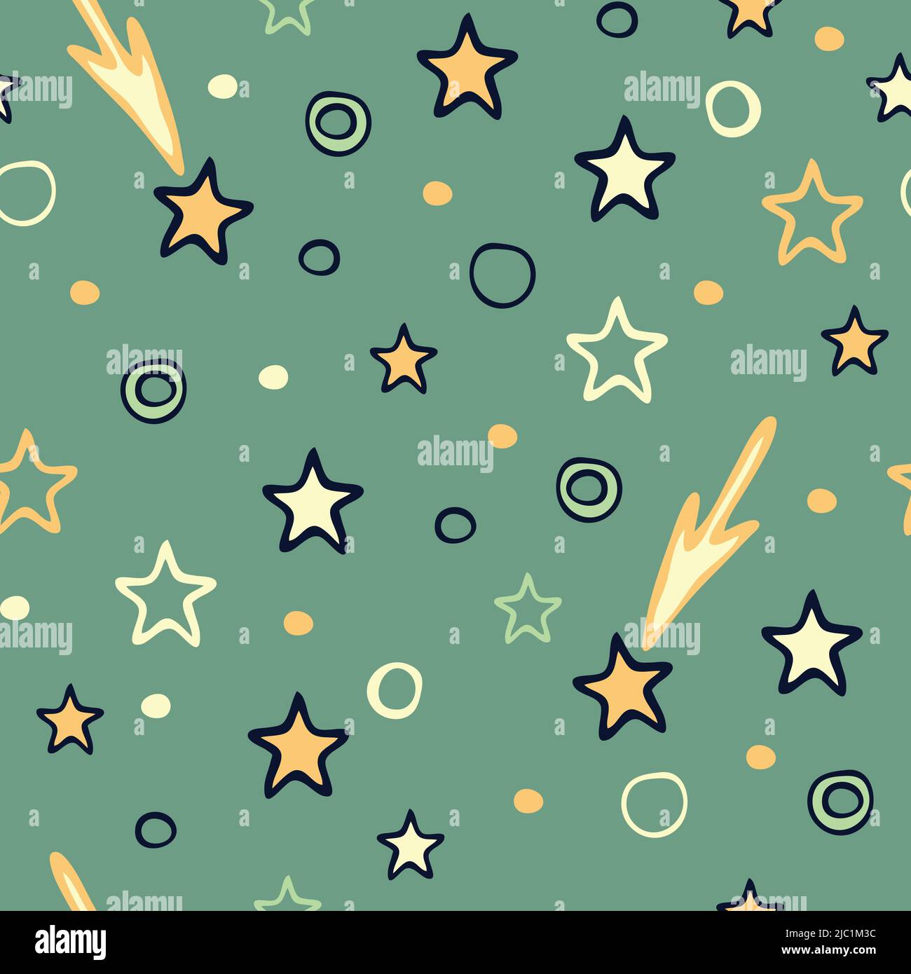 Nahtloses Vektormuster mit Sternen auf blauem Hintergrund. Einfaches Shooting Star Wallpaper Design für Kinder. Dekorative Babymode Textil. Stock Vektor
